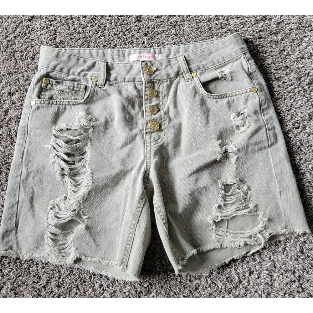 Refuge Jean Shorts Womens 8 Cutoff Button Fly Distressed Denim Ladies 30x6 Green